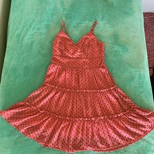 Trixxi polka dot Coral Blush Pink Rose Strawberry tiered Flare Ruffle Dress S